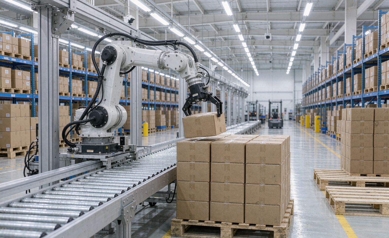 Robotic palletising at the end of a conveyor line