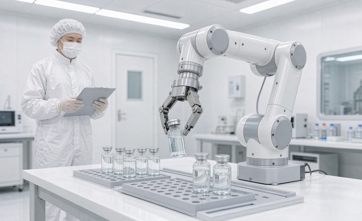 Robot handling medicine vials in a pharmaceutical cleanroom